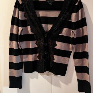 Cute striped cardigan with black lace detail. Soft material. Like new!